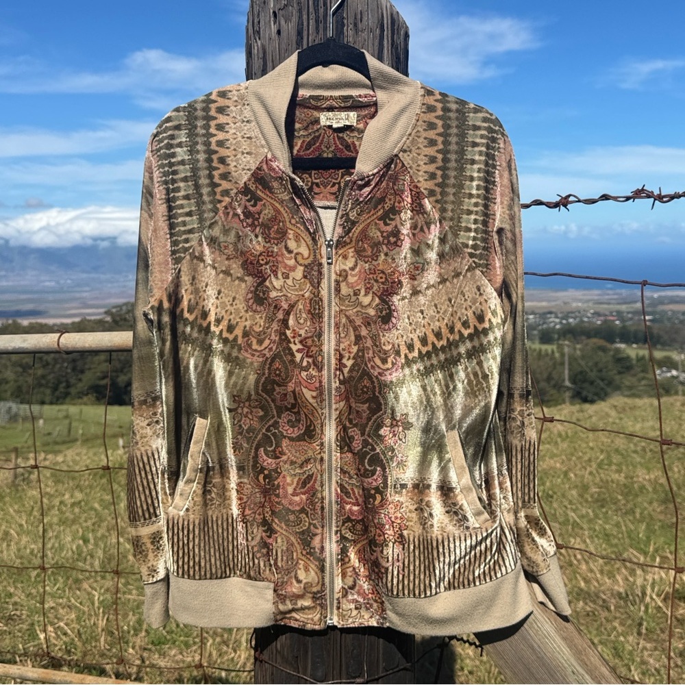 One world Y2K 90s Boho Velour Zip Brown Green Jacket Large